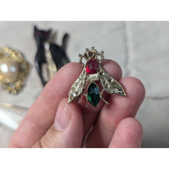 Lot Of 4 Vintage Pins Black Cat Fly Bee Leaf Cabochon Norway Sterling - Picture 8 of 16